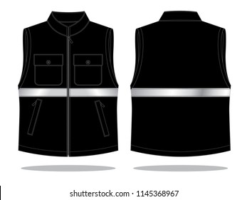 Safety Black Vest with Multiple Pockets and Silver Reflective Tape Design on White Background. Front and Back Views, Vector File.