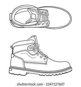 Safety boots. Personal protective equipment or winter classic men boots. Side and top view. Outline vector doodle illustration.