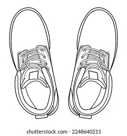 Safety boots. Personal protective equipment or winter classic men boots. Top view. Outline vector doodle illustration.	
