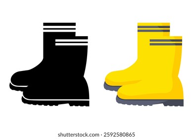 Safety boots vector illustration in black and yellow for footwear for construction, industrial work, and hazardous environments. Rubber boots.