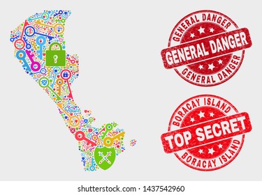 Safety Boracay Island map and stamps. Red round Top Secret and General Danger grunge stamps. Bright Boracay Island map mosaic of different secure icons. Vector collage for safety purposes.
