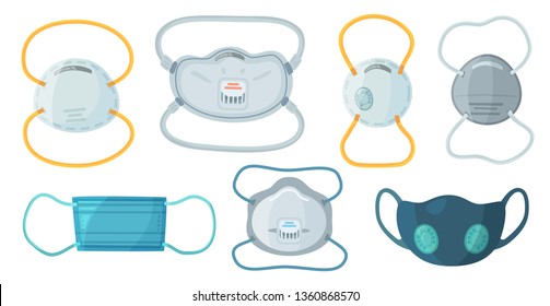 Safety breathing masks. Industrial safety N95 mask, dust protection respirator and breathing medical respiratory mask. Hospital or pollution protect face masking. Cartoon vector isolated symbols set