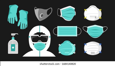 Safety breathing masks. Industrial safety N95 mask, dust protection respirator and breathing medical respiratory mask. Protection with hazmat suit, Corona masks