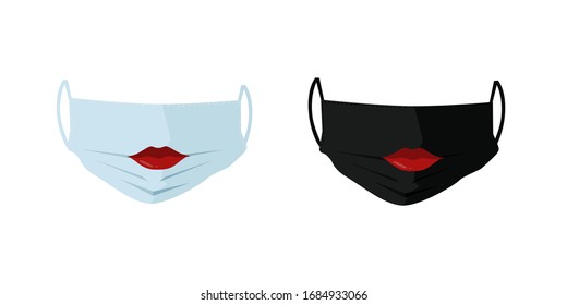 Safety breathing masks. White and black breathing medical masks with red lips. Hospital or pollution protect face masking. Coronavirus. Vector illustration
