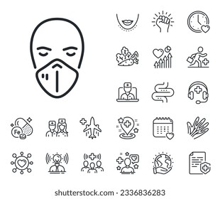 Safety breathing respiratory mask sign. Online doctor, patient and medicine outline icons. Medical mask line icon. Coronavirus face protection symbol. Medical mask line sign. Vector
