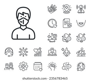 Safety breathing respiratory mask sign. Online doctor, patient and medicine outline icons. Man with medical mask line icon. Coronavirus face protection symbol. Medical mask line sign. Vector