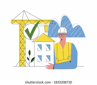 Safety building and engineering concept. Architect near construction flat cartoon vector illustration with character. Protected building permit regulations. Crane constructing house. Isolated on white