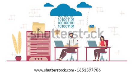 Safety Business Data Exchange. Saas Technology. Secure Software Service. Cloud Computing. Technology and Communication. Man Woman Team Coding Mail Working at Computer. Vector Illustration