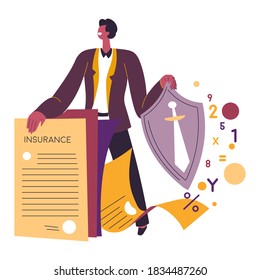 Safety for business and finances, insurance agent introducing contract document. Agent with shield and sword, broker saving money. Assurance of real estate legal ownership, vector in flat style