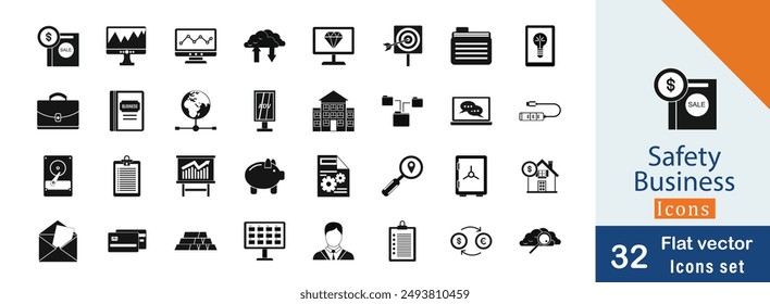 Safety business flat vector solid icons symbol. with  Presentation, Professional Use, Digital Media, Branding Elements and more vector icon