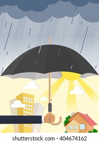 Safety for business investments in real estate objects, home insurance from natural disaster, property protection flat vector concept. Umbrella in mans hand covering city buildings, cottages from rain