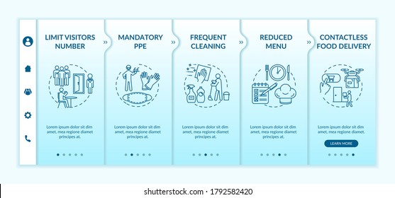 Safety in cafe and restaurants onboarding vector template. Contactless food delivery. Online ordering. Responsive mobile website with icons. Webpage walkthrough step screens. RGB color concept