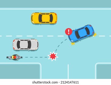 Safety car driving and bike riding rules. Traffic regulating on three way junction and crossroads. Dangerous left turn in front of motorcycle. Flat vector illustration template.