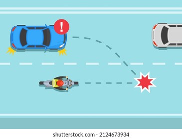 Safety car driving and bike riding rules. Don't cut off other vehicles warning. Dangerous right turn in front of a motorcycle on the city road. Flat vector illustration template.