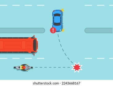 Safety car driving and bike riding rules. Dangerous left turn in front of hidden motorcycle. Car and motorcycle collision on four lane road. Flat vector illustration template.