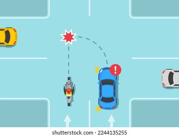 Normas de seguridad para la conducción en coche y la bicicleta. Peligroso giro a la izquierda frente a la moto que avanza. Colisión de autos y motocicletas en el cruce de caminos. Plantilla de ilustración vectorial plana.