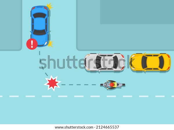 Safety car
driving and bike riding rules. Traffic regulating on three way
junction and crossroads. Dangerous left turn in front of hidden
motorcycle. Flat vector illustration
template.