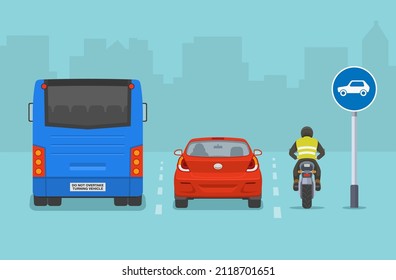 Safety car driving. Motor cars only traffic or road sign meaning. Back view of a bus, sedan car and motorcycle. Flat vector illustration template.
