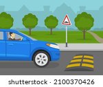 Safety car driving rules. Blue suv car is reaching the speed bump on the road. Speed hump ahead warning sign. Flat vector illustration template.