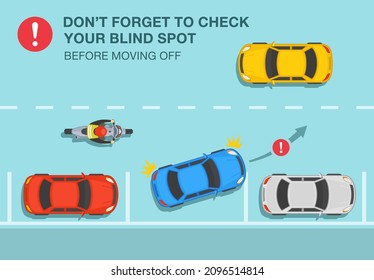 Safety Car Driving Rules. Blue Sedan Car Is About To Start Moving. Don't Forget To Check Your Blind Spot Or Twilight Zone Before Moving Off Warning. Flat Vector Illustration Template.