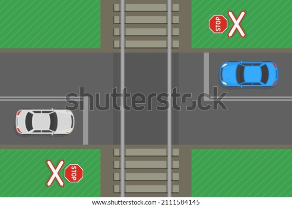 Safety car\
driving rules. Cars stopped at a railway crossing without barriers.\
Top view of city road. Stop before crossing over railroad tracks.\
Flat vector illustration\
template.