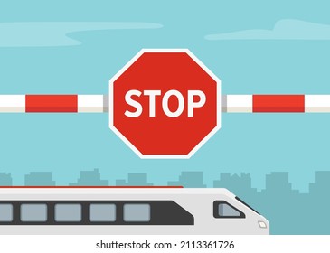 Safety car driving rules. Close-up view of closed barrier and red stop sign. Express passenger train is approaching. Flat vector illustration.