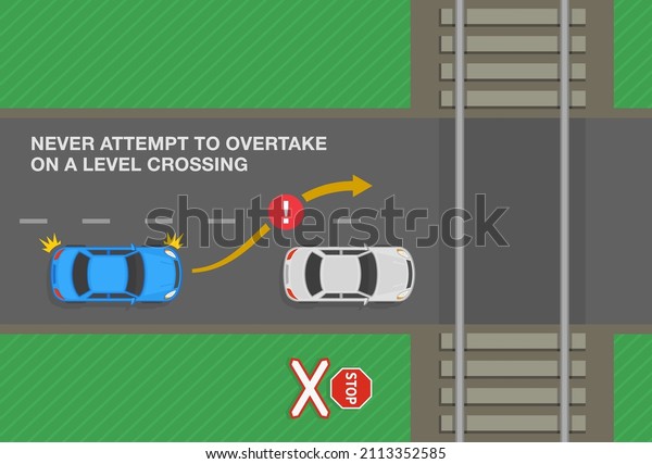 Safety car driving rules. Never\
attempt to overtake on a level crossing. Level crossing without\
barriers. Top view of city road. Flat vector illustration\
template.