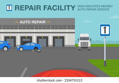 Safety Car Driving Rules. Car Is Reaching The Auto Repair Service Area. Repair Facility Traffic Or Road Sign Meaning. Flat Vector Illustration Template.