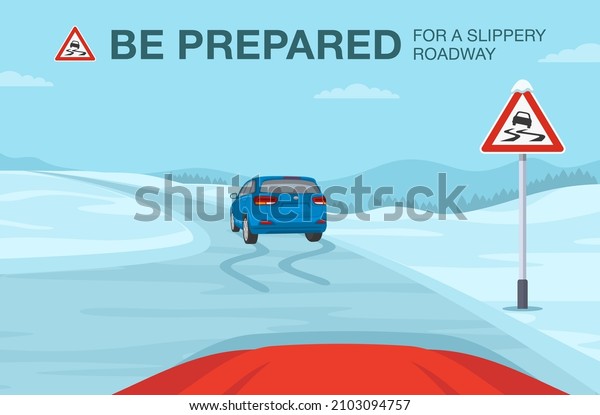 Safety car driving rules. Car is\
reaching the slippery road. Be prepared for a slippery roadway\
warning sign meaning. Flat vector illustration\
template.