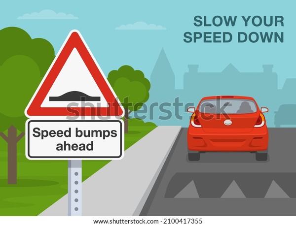 Safety car driving rules. Speed bump on the\
city road. Close-up view of speed bumps ahead warning sign. Flat\
vector illustration\
template.