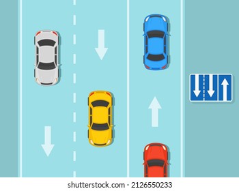 Safety car driving rules and tips. Lane direction and the number of lanes on the road sign meaning. Flat vector illustration template.