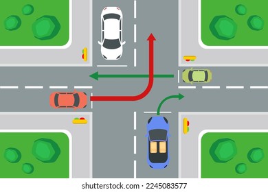 Safety car driving rules and tips Turn rules on four-way intersection, always follow traffic rules concept vector illustration.