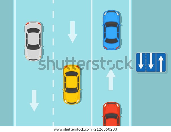 Safety car driving rules and tips. Lane\
direction and the number of lanes on the road sign meaning. Flat\
vector illustration\
template.