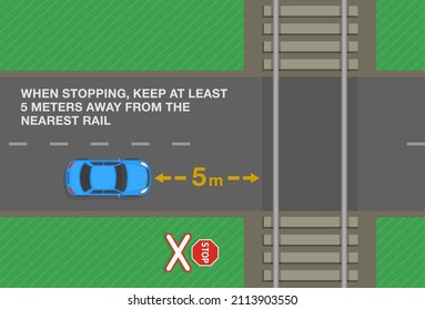 Safety car driving rules. When stopping at level crossing, keep at least five meters away from the nearest rail warning. Top view of city road. Flat vector illustration template.