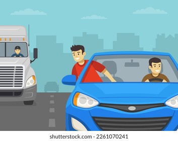 Safety car driving tips and rules. Reckless male character leaning out the car front window. Guys in a blue car on the highway. Guy dangles out car window. Flat vector illustration template.