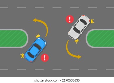 Safety car driving tips and traffic regulation rules. Wrong u-turn position on the road. Left turn when there is a median. Flat vector illustration template.