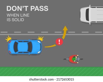 Safety car driving tips and traffic regulation rules. Use of street lines. Don't pass when line is solid. Top view of a traffic flow on a city road. Flat vector illustration template.