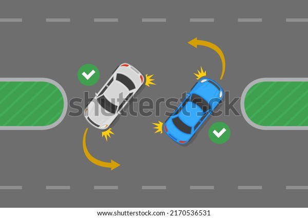 Safety car driving tips and\
traffic regulation rules. Correct u-turn position on the road. Left\
turn when there is a median. Flat vector illustration\
template.