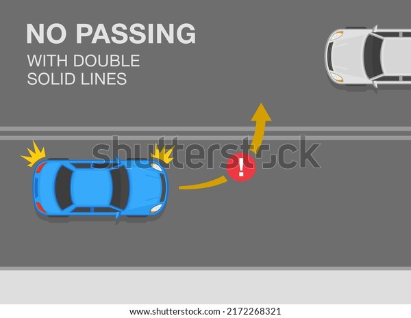 Safety car\
driving tips and traffic regulation rules. Use of street lines. No\
passing with double solid lines. Top view of a vehicle on a city\
road. Flat vector illustration\
template.