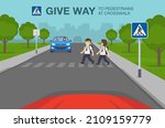 Safety car driving and traffic regulating rules. Cars stopped at  crosswalk. Traffic or road sign indicates pedestrian crossing. Give way to pedestrians. Flat vector illustration template.