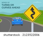 Safety car driving and traffic regulating rules. Three or more curves in a row on the road ahead. Close-up view of a series of turns and curves sign. Flat vector illustration template.