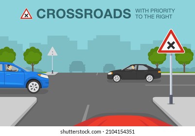 Safety car driving and traffic regulating rules. Car is reaching the junction road. Crossroads with priority to the right sign meaning. Flat vector illustration template.