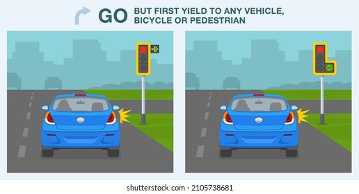 Safety car driving and traffic regulating rules. Give way rules at traffic lights with a green arrow. Go, but first yield to any vehicle, bicycle and pedestrian. Flat vector illustration template.