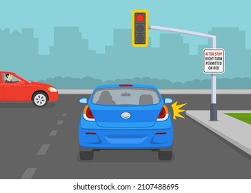 Safety car driving and traffic regulating rules. Give way rules at traffic lights. After stop right turn permitted on red. Flat vector illustration template.