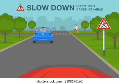 Safety car driving and traffic regulating rules. Car is reaching the crosswalk. Traffic or road sign indicates pedestrian crossing ahead. Flat vector illustration template.