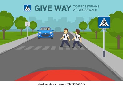 Safety car driving and traffic regulating rules. Cars stopped at  crosswalk. Traffic or road sign indicates pedestrian crossing. Give way to pedestrians. Flat vector illustration template.