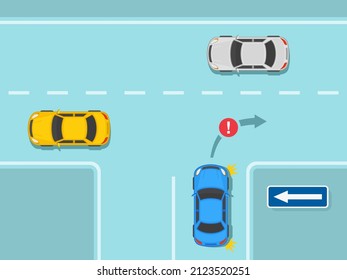 Safety Car Driving And Traffic Regulating Rules. No Right Turn On A Three Way Junction With One Way Road Sign. Sign Indicates The Direction Of Permitted Traffic Flow.Flat Vector Illustration Template.