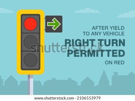 Safety car driving and traffic regulating rules. Give way rules at traffic lights with a green arrow. After yield to any vehicle right turn permitted on red. Flat vector illustration template.