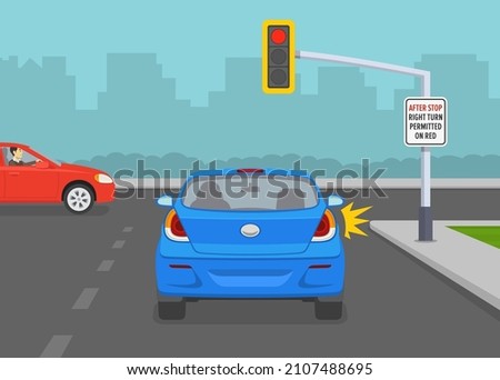 Safety car driving and traffic regulating rules. Give way rules at traffic lights. After stop right turn permitted on red. Flat vector illustration template.