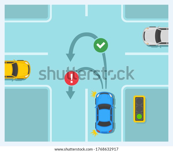Safety car driving and\
traffic regulating rules. U-turn on croassroads rule infographic.\
Sedan car is about to turn on crossroad. Flat vector illustration\
template. 